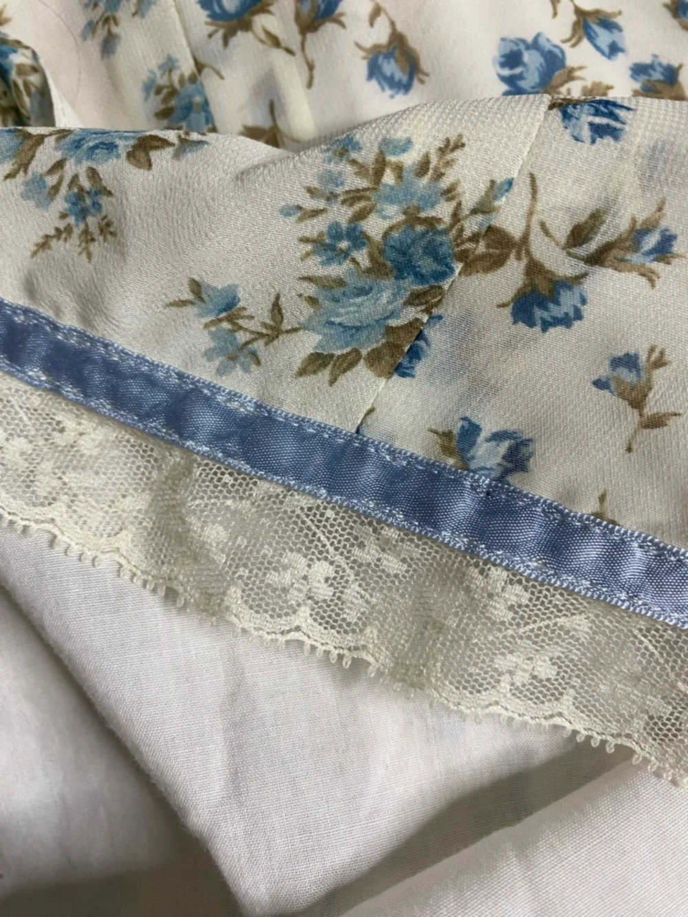 Vintage Canlemon Floral Midi Dress Cottagecore Lace Trim Blue White  - Size L